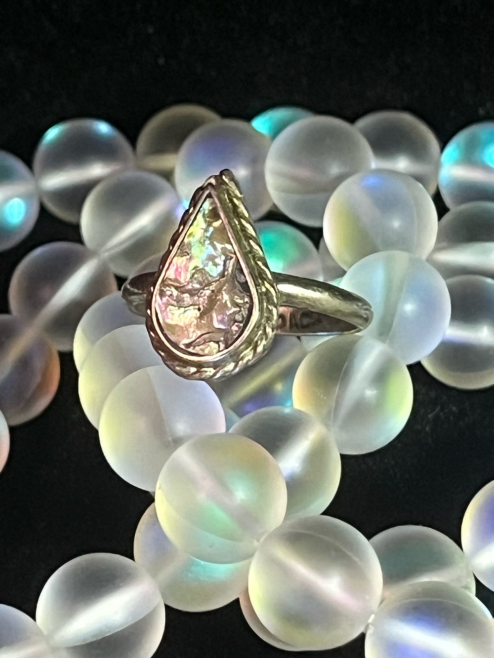 Alpaca Silver Stamped Mother of Pearl/Abalone Ring Size 8.5